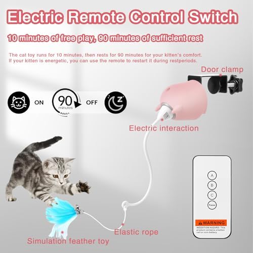 Cat Toys Interactive for Indoor Cats, Rechargeable Toy Hanging Door Electric with 4pcs Feathers Toys for Bored Kittens (Pink)