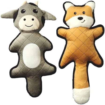 PetLike Tough & Durable Plush Dog Toy Set - 2 Pack - Interactive Animal Chew Toys for Puppies & Dogs, Perfect for Teething, Fetch & Cuddly Playtime (Grey Cow+Orange Fox)