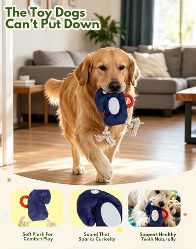 Deeow Tether Squeaky Plush Dog Tug Chew Toy for Enrichment/Interactive