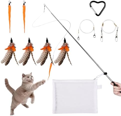 Cat Wand Attachments - Colorful Natural Feather Cat Toy Refills with Bells, Feather Wand Cat Toys for Compatible Teaser Wands (4Feather+2Worm+1wand)