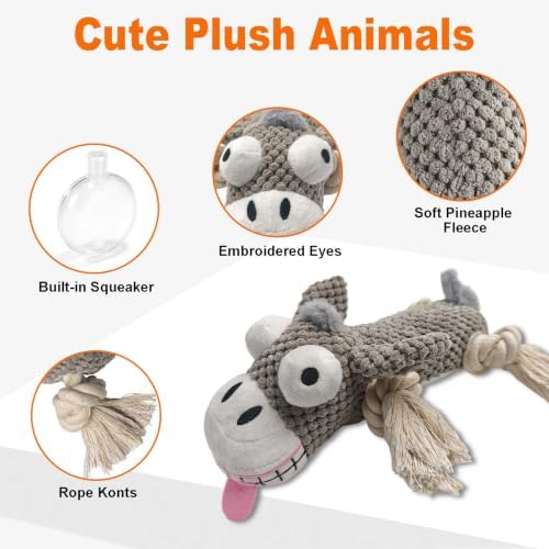 Gray Dog Plush Chew Dog Toy, 9.8 in, Squeaker and Rope