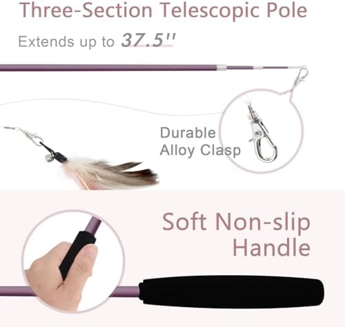 SONGWAY Interactive Cat Feather Toy Set - Retractable Teaser Wand with 6 Pcs Feather Refills with Bell, Cat Wand Toys for Indoor Cats Kittens Play Chase Exercise, Light Pink
