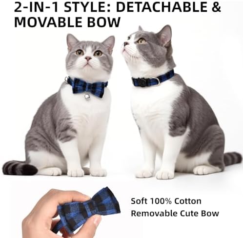 Plaid Breakaway Cat Collar with Bell & Removable Bow Tie – Cotton Kitten Collar with Bells for Boy Cats or Small Dogs. Adjustable Size 7.5-12.2in (3, Red/Green/Navy)