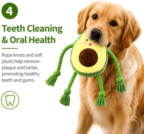 Avocado Squeaky Dog Toy with Rope Legs, Interactive Plush Dog Toy for Small Medium Large Dogs, Durable Tug and Chew Toy for Fetch, Boredom Relief, Mental Stimulation and Indoor Play