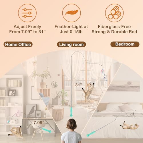 Cat Wand Toy – Retractable Wand with 4 Feather Toy Refills for Indoor Cats Enrichment, Interactive Cat Toy for Bored Adult Cats and High-Energy Kittens (BioBugs Serie 2.0)