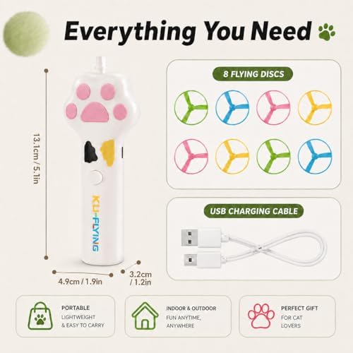 Cat Fetch Toy, Electric Cat Disc Launcher Toy with 8 Flying Spinners, Interactive Cat Toy for Indoor Cats and Bored Kittens, Bendable Discs, Rechargeable Paw Design（White）