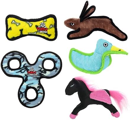TUFFY® 5 Pack Jr Duck, Pegasus, 3WayTug, Bone and Rabbit Plush Dog Toys