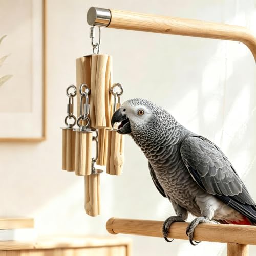 AOTU Medium Large Parrot Chew Toy, 304 Stainless Steel Natural Hardwood Bird Toys, Safe Durable Hanging Interactive Enrichment Toy for Macaw, Cockatoo, African Grey, Amazon Parrots