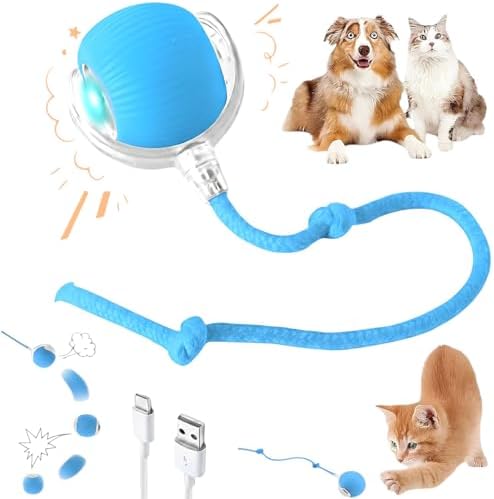 Interactive Electric Automatic Rolling Moving Rechargeable Self Play Stimulation Toy,Smart Pet Chase with Speedy Tail Rope for Bored Indoor Cats (Blue)