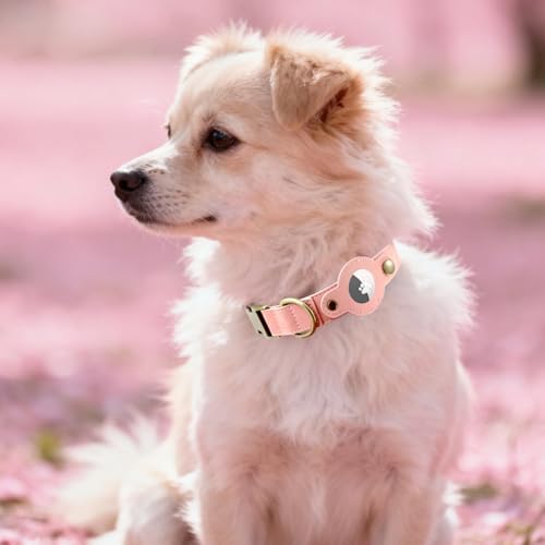 Airtag Dog Collar,PU Leather Collar with Airtag Holder for Small Dogs(Pink)