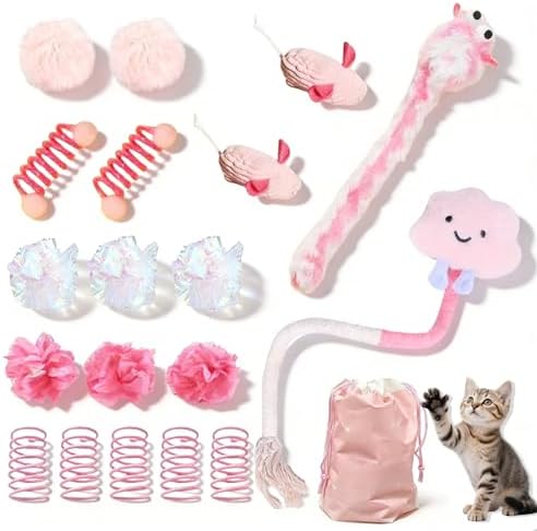 20 Pcs Cat Toy Pack Interactive Kitten Toy Set,Including Cute Catnip Chew Rope Springs Mice Crinkle Ball Furry Balls Toys for Indoor Cat,Pink Kitten Toys with Gift Bag