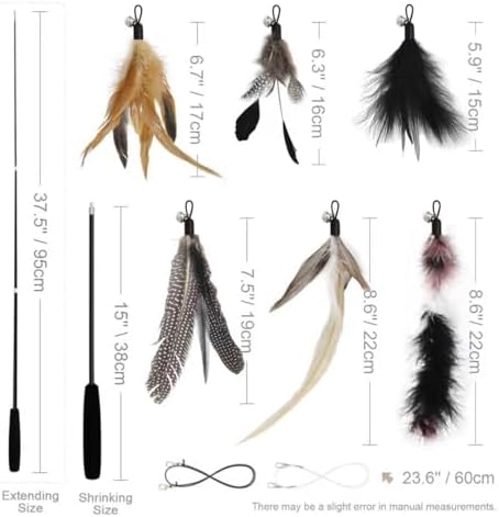 SONGWAY Interactive Cat Feather Toy Set - Retractable Teaser Wand with 6 Pcs Feather Refills with Bell, Cat Wand Toys for Indoor Cats Kittens Play Chase Exercise, Black