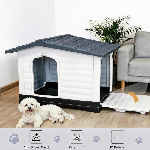 2-Door Small Dog House with Fold-Out Porch and Elevated Base, Gray