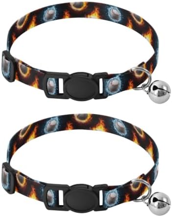 Baseballs Fire Water Splashes Dog Collar with Bell 2 Pack Kitten Collars Adjustable Length 10.6" to 17.1"