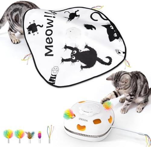 ORSDA Cat Toys for Indoor Cats, 4 in 1 Interactive Automatic Kitten Adult Cat Toy Whack a Mole, Hide and Seek, Moving Magic Wand & Chase Teaser, Rechargeable Touch/Timer Motion& Night DND Mode