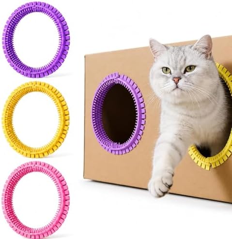 3-Pack Cat Self Groomer for Cardboard Box, Scratch Brushes with Box, Interactive Cat Arch Self Groomer with Scratching Pad, DIY Grooming Brush Ring, Hideouts & Enrichment Play (Purple Pink Yellow)