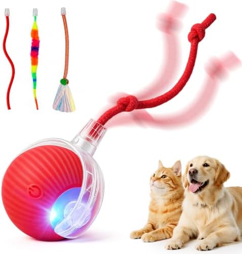 Interactive Automatic Rolling Chase Indoor Cat and Dog Ball Toy | 3 Different Rope Tails Smart Electric Moving Stimulating Rechargeable Self Play Teaser for Boredom Pet, with Rope