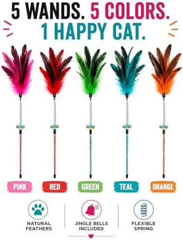 Cat Feather Wand Toy Set – 5 Different Feather Styles in One Pack – Interactive Wand Toys for Indoor Cats and Kittens – Durable Spring Design for Engaging Playtime