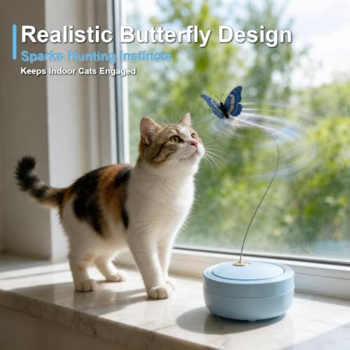Interactive Butterfly Cat Toy for Indoor Cats, 360° Rotating Wand, Blue