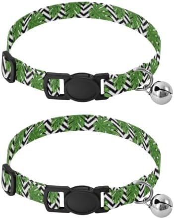 2 Pack Small Dog Collar Tropical Leaf Geometric Zigzag Small Dog Collar with Bell, Adjustable Length 10.6" to 17.1"