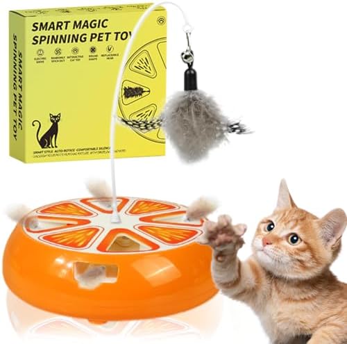Puffluv Interactive Cat Toy,2 in 1Fruite Shape Toys with Electric Moving Concealed and Hanging Feathers Pop and Play Hide Seek, Hunting,Tpye-C Rechargeable-Orange