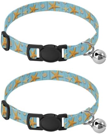 Starfish Seashells Blue Wooden Puppy Collar with Bell 2 Pack Kitten Collar Adjustable Length 10.6" to 17.1"