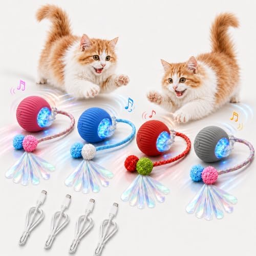 Pack-4 Interactive Cat Toys, Motion-Activated Rolling Ball with Speedy Tail,Smart Automatic Cat Chase, 360° Rotating, USB-C Rechargeable, Self-Play Toy for Indoor Cats, Kittens & Puppies.