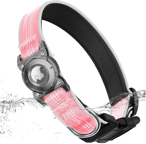 ONEONTA Airtag Dog Collar | Waterproof Airtag Dog Collar Holder with Removable Metal Loop - Airtag Collar Heavy Duty, Reflective, Ultra-Durable, Comfortable Padded, for Small Medium Large Dog Pink XL