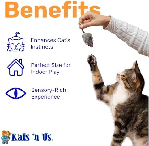 Kats'N Us 2 Inch Real Rabbit Fur Non-Rattle Mouse Cat Toys (5, Hard Body Gray)