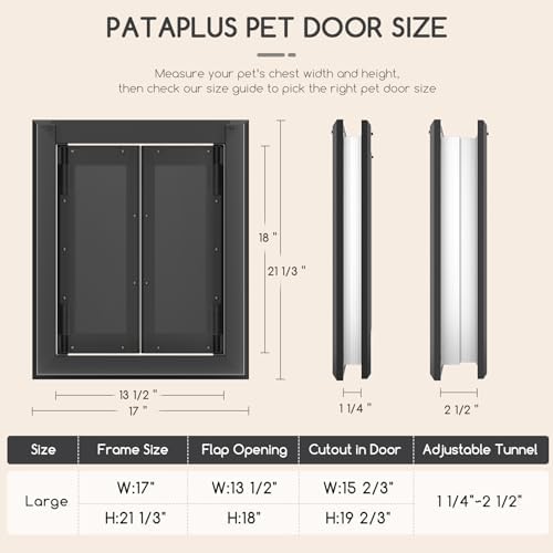 Aluminum Large Dog Door for Door Mount, Up to 110 LBS, Black | French Style Heavy Duty Pet Door, Double Magnetic Flaps, Telescoping Tunnel, Solid Aluminum Frame Fits Dogs Up to 110 LBS