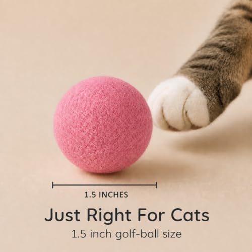 Wool Cat Toys - Silent Felt Balls for Small Pet Fetch and Play - Eco Friendly Quiet Wool Ball Toy for Cats and Kittens - Choose Your Colors - 6PCS Pink