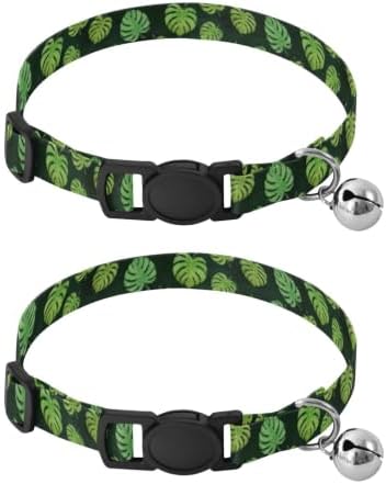 2 Pack Cat Collar Green Leaf Black Collar with Bell for Dog Puppy, Adjustable Length 10.6" to 17.1"