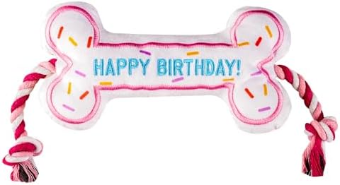 PAWTY Birthday Bone Dog Toy - Funny Interactive Tug Rope Squeaky Dog Birthday Gift - Plush Pink Bone Toy for Small Medium Dogs - Dog Birthday Party Supplies