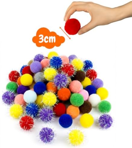 Shizhoo 50 Count 1.2 Inches Pom Pom Balls, Interactive Cat Toy for Indoor Kittens, 25 Pcs Sparkle and 25 Pcs Simple Pompoms are Included for Exercise, Training & Boredom Relief