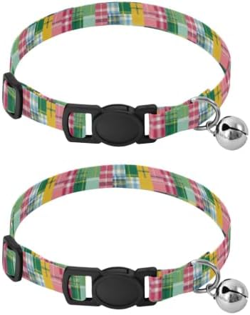 2 Pack Pet Collars Plaid Tartan Squares Colorful Decorative Pet Collar with Bell, Adjustable Length 10.6" to 17.1"