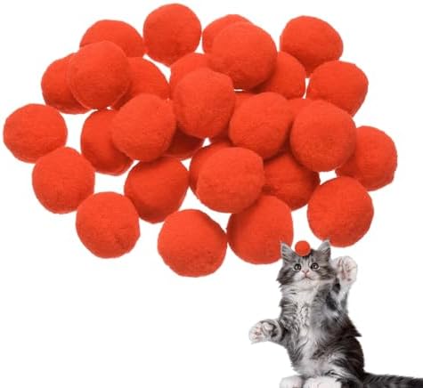 Cat Toy Pom Ball, Interactive Cat Ball Toys Fuzzy Pompoms (Plush, 1.2Inch, 30Pcs, Orange Red) for Kittens Pet Enrichment Training Play Indoor