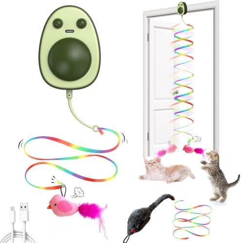 Interactive Cat Toys for Indoor Cats,Electric Flying Bird & Mouse Wand Teaser, Automatic Hanging Door Frame Chase/Hunt/Exercise Stimulate Feather Cat Toy for Bored Indoor Adult & Kitten (Dark Green)