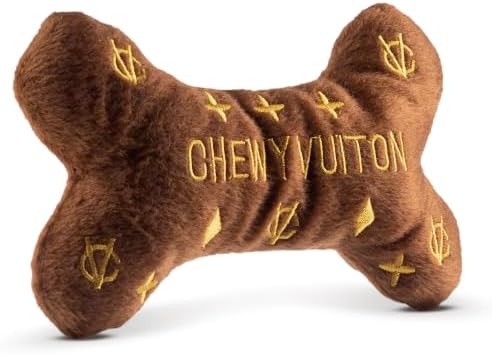 Dog Diggin Designs Chewy Vuiton Plush Dog Toy Bone | Luxury-Inspired Parody Designer Bone with Squeaker, Soft Plush Chew & Play Dog Toy – Prêt-à-Porter Play!