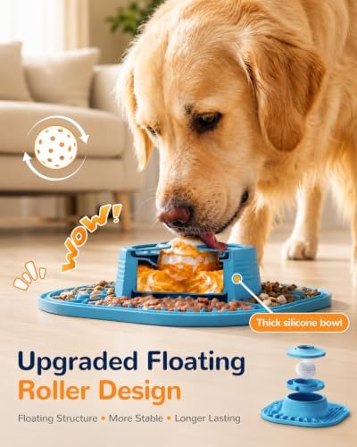 Slow Feeder Dog Bowl, 4-in-1 Enrichment Feeder with Interactive Roller Ball, Puzzle Lick Mat, Converts to Large Capacity Water Bowl, Strong Suction Base, for Dry & Wet Food