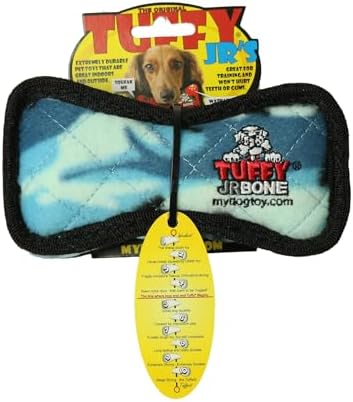TUFFY - World's Tuffest Soft Dog Toy - Junior Bone -Squeakers -Multiple Layers. Made Durable, Strong & Tough.Interactive Play(Tug, Toss & Fetch). Machine Washable & Floats (Camo Blue, Bone2 2 Pack)