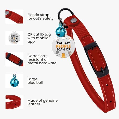 BRONZEDOG Cat Collar with Bell Kitten Rolled Leather Collars Safety QR ID Name Tag (Red)