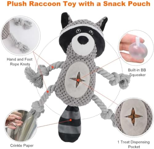 Dog Squeaky Chew Toy, Plush Crinkle Rope Dog Toy - Gray Raccoon