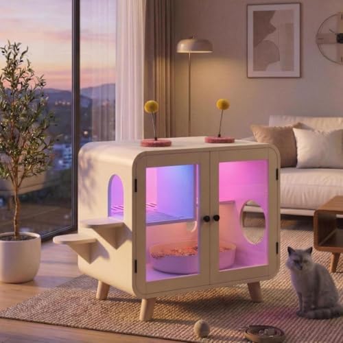 Smart Cat Litter Box Enclosure with RGB LED Light，TV-Style Cat Cabinet with Transparent Doors,Side Steps,Pom-Pom Toys,Indoor Pet House for Living Room,Bedroom(30.7"*23.6"*28",Beige)