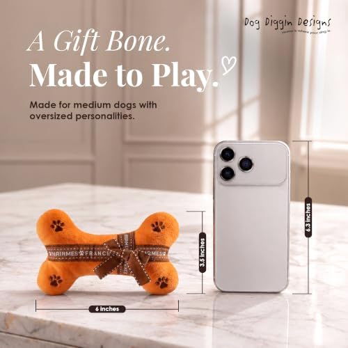 Dog Diggin Designs Hairmes Bone Plush Dog Toy – Fashion Inspired Squeaky Parody Dog Toy, Soft Luxury Style Bone Toy for Small to Medium Dogs, Cute Interactive Pet Toy