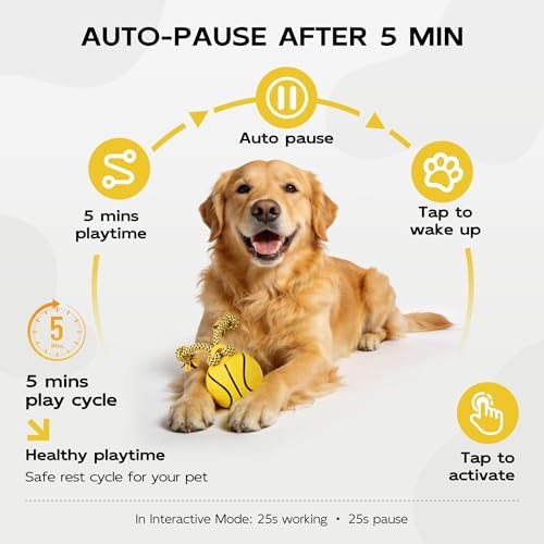 Pet Prime Interactive Dog Ball Toy with Rope,Rechargeable Automatic Rolling Ball with Motion Activated,3 Play Modes for Medium/Large Dogs, Self-Moving Toy to Keep Pets Busy and Entertained Yellow