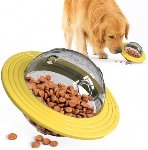 UFO Shape Dog Slow Feeder Toy, Interactive Treat Dispensing Puzzle Bowl for Dogs (Yellow)