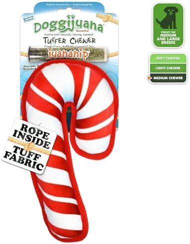 Doggijuana Tuffer Chewer Dog Toy, Candy Cane | Holiday Plush, Squeaky
