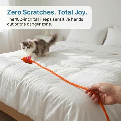 Glaciart One Felt Mouse Cat Toy – Soft Fuzzy Enrichment 100% Natural Wool - Interactive Catnip Play Cat Toy Set - Safe for Pets, Non-AZO Colored Dyes - 100” Long