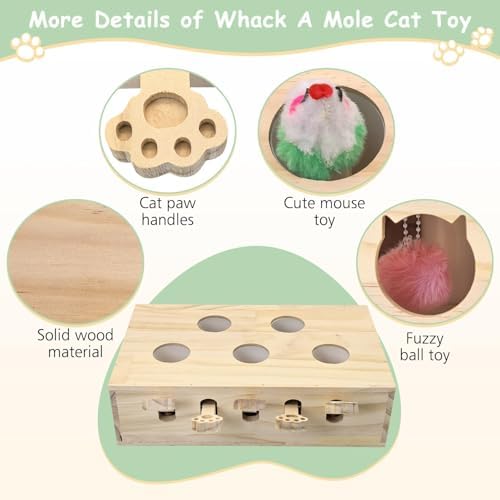 kathson Whack A Mole Cat Toy, Wooden Enrichment for Indoor Cat, Interactive Kitten Puzzle Toy for All Ages Cats Intelligence Training and Exercise (Rectangular)