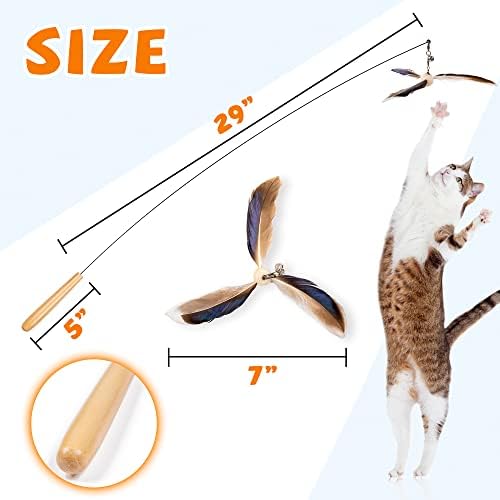 JXFUKAL Cat Wand Toys, Interactive Cat Toys with 3 Feather Refills, 29'' Flexible Steel Wire, Sturdy Wood Handle & Bell for Kitty Kitten, Cat Toys for Indoor Cats Teaser Cat String Toy